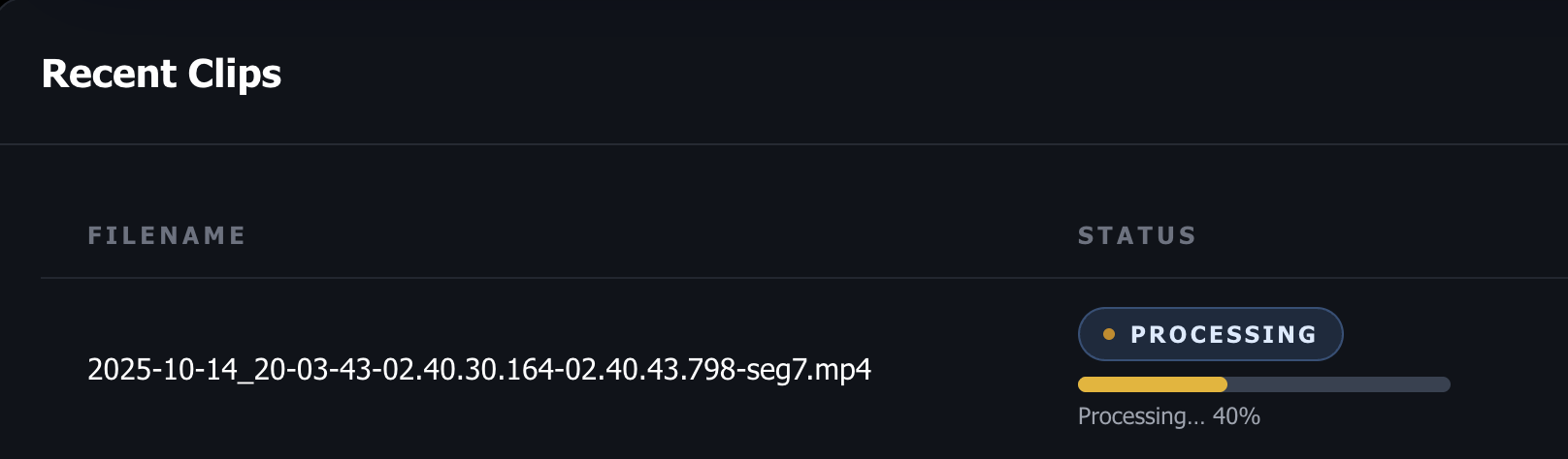 ClipSpark processing interface showing clip being processed with real-time progress indicator