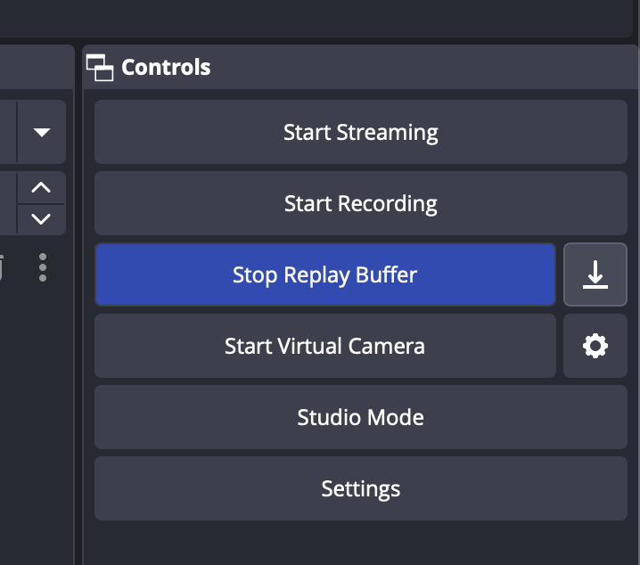 OBS Controls dock showing Stop Replay Buffer button to save the last 30 seconds of gameplay
